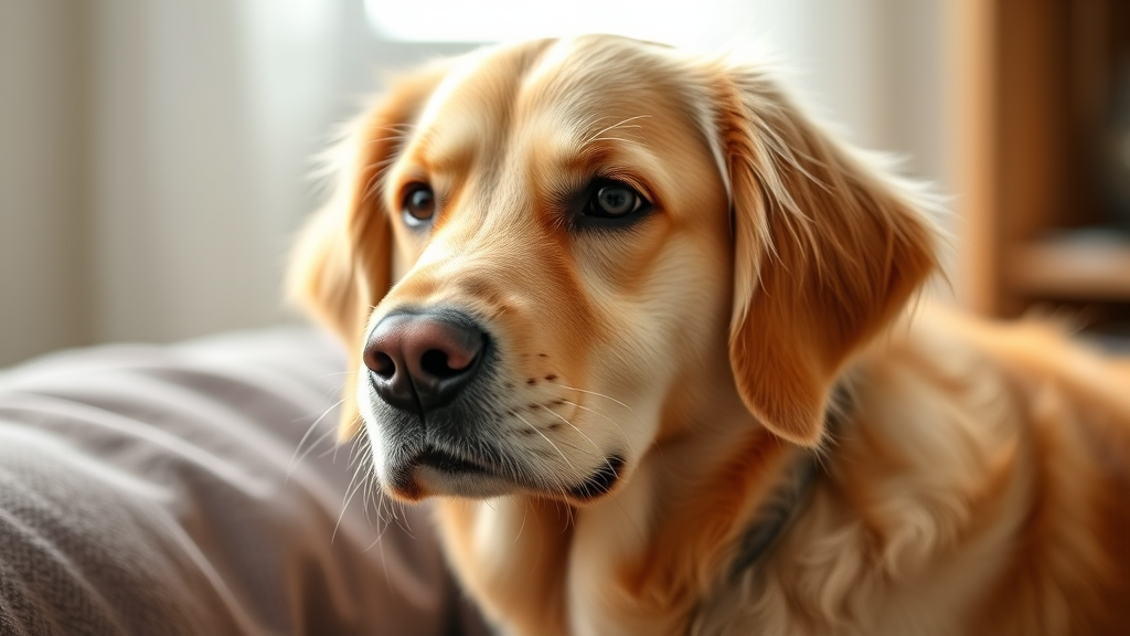 Golden retriever dog with floppy ears looking comfortable and healthy, natural lighting, no text no words no letters