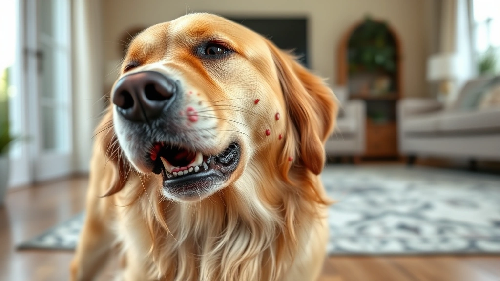 Golden retriever scratching intensely with visible red hives and raised bumps on tan-colored fur, looking uncomfortable and distressed in a bright living room