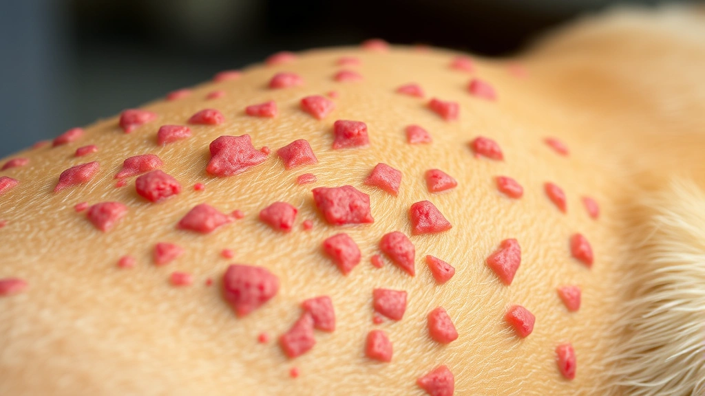Close-up of a dog's skin showing red, raised welts and hives clustered together, photorealistic dermatological view of allergic reaction on canine skin