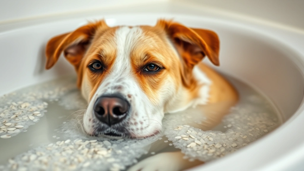 Dog relaxing in a lukewarm oatmeal bath with soothing expression, water with dissolved oatmeal visible, peaceful spa-like home bathroom setting