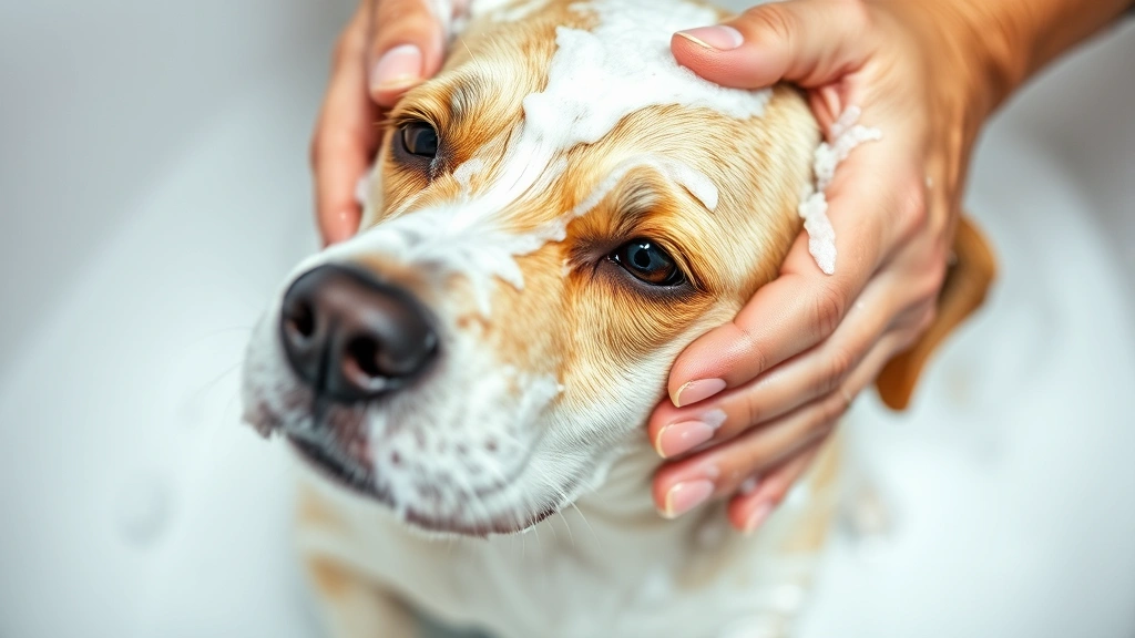 Close-up of dog being gently bathed with lukewarm water and soft shampoo, hands massaging lathery coat, caring grooming scene