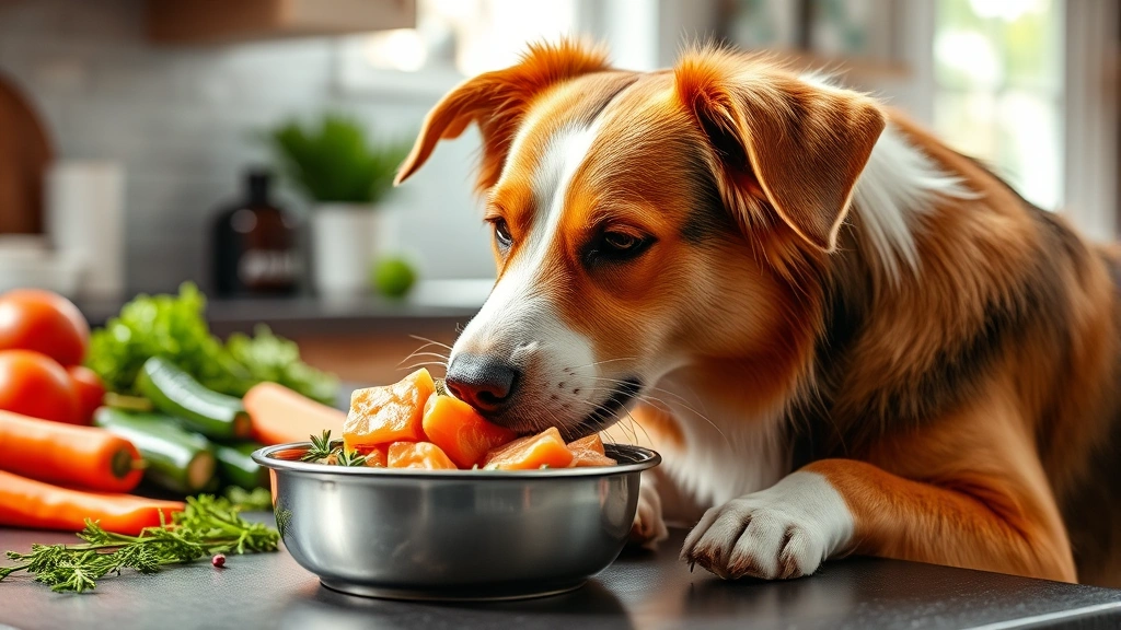 Dog eating salmon-based meal from bowl with shiny, healthy coat visible, well-lit kitchen setting with fresh ingredients nearby