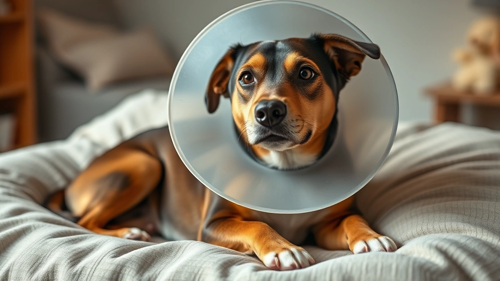 Dog wearing a soft protective cone collar while resting on a comfortable bed, showing proper aftercare setup, warm home lighting, photorealistic