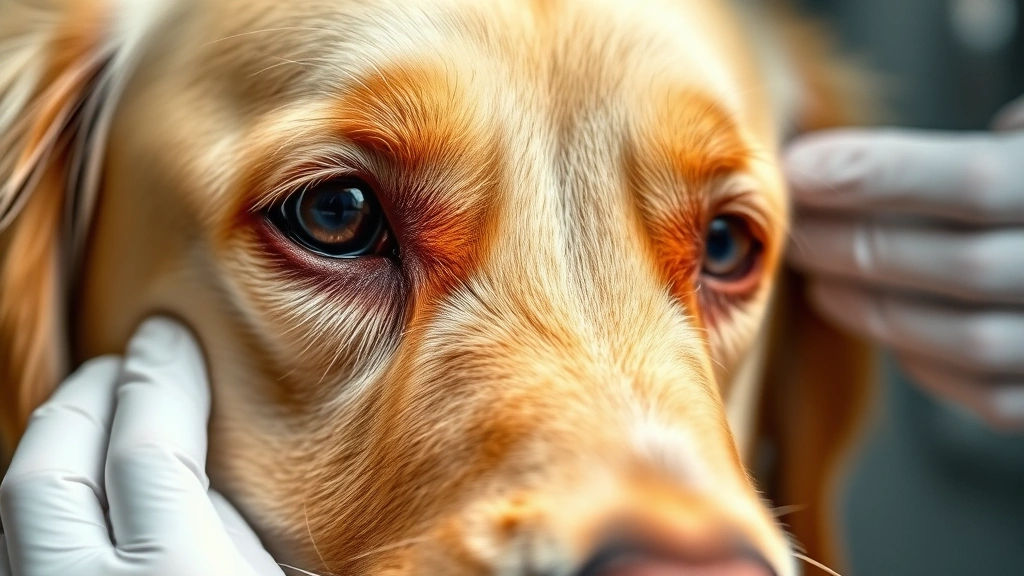 Close-up of a golden retriever's face showing redness and mild discharge around one eye, photorealistic style, veterinary examination lighting