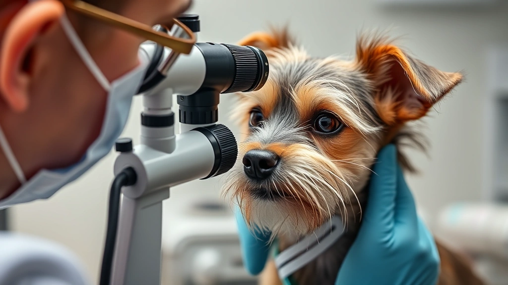 A veterinarian using specialized ophthalmoscope equipment to examine a small terrier's eye, professional clinical setting, photorealistic detail