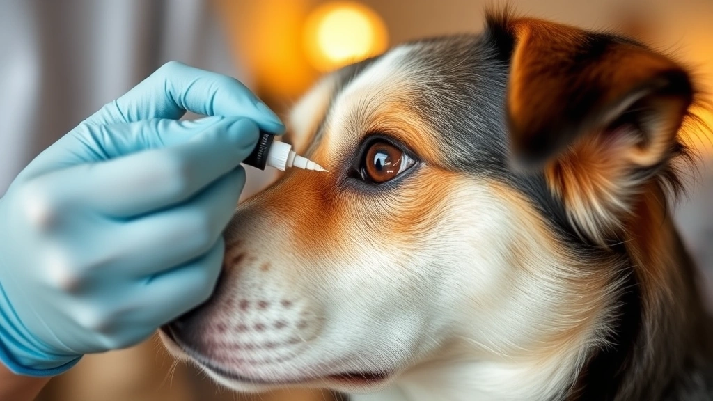 A person gently applying antibiotic eye drops to a relaxed dog's eye, showing proper medication administration technique, warm indoor lighting