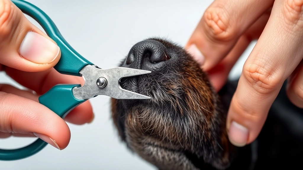 Dog nail clipper positioned at 45-degree angle against a black dog nail, hands demonstrating proper grip and positioning, bright overhead lighting, close-up macro photography