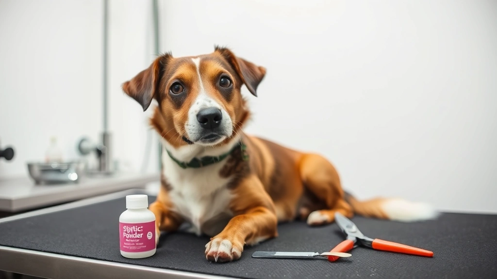 Dog sitting calmly on grooming table with professional nail clippers, styptic powder, and nail file arranged nearby under bright lighting