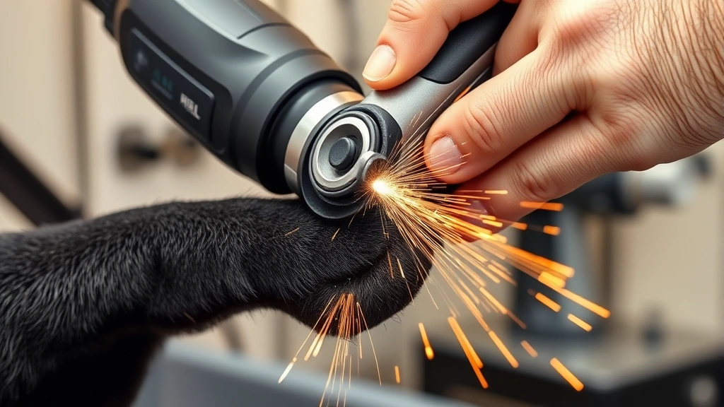 Electric dog nail grinder being used on black dog nail, showing the grinding wheel in action, sparks of nail dust visible, professional grooming setup background