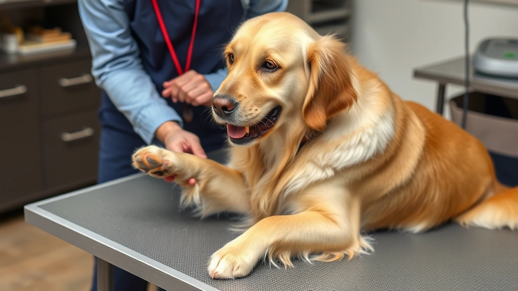 Golden retriever sitting calmly on a grooming table with owner carefully examining and holding their paw, demonstrating proper positioning for nail trimming