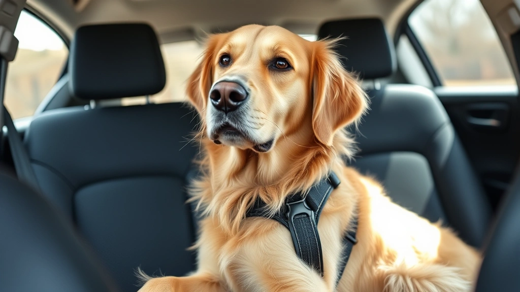 Golden Retriever wearing a properly fitted harness seated in car back seat, calm and comfortable expression, daylight interior shot