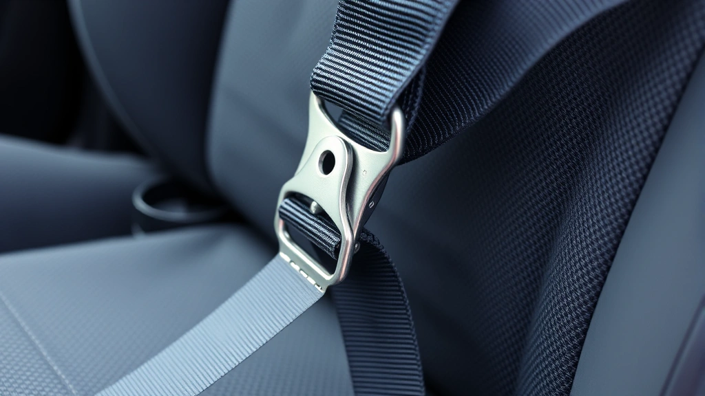 Close-up of metal clip attachment connecting dog harness to vehicle seat belt buckle, showing secure connection detail