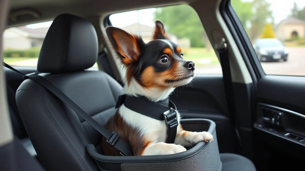Small dog sitting in booster seat with seat belt extension attached, looking out car window, suburban road visible in background
