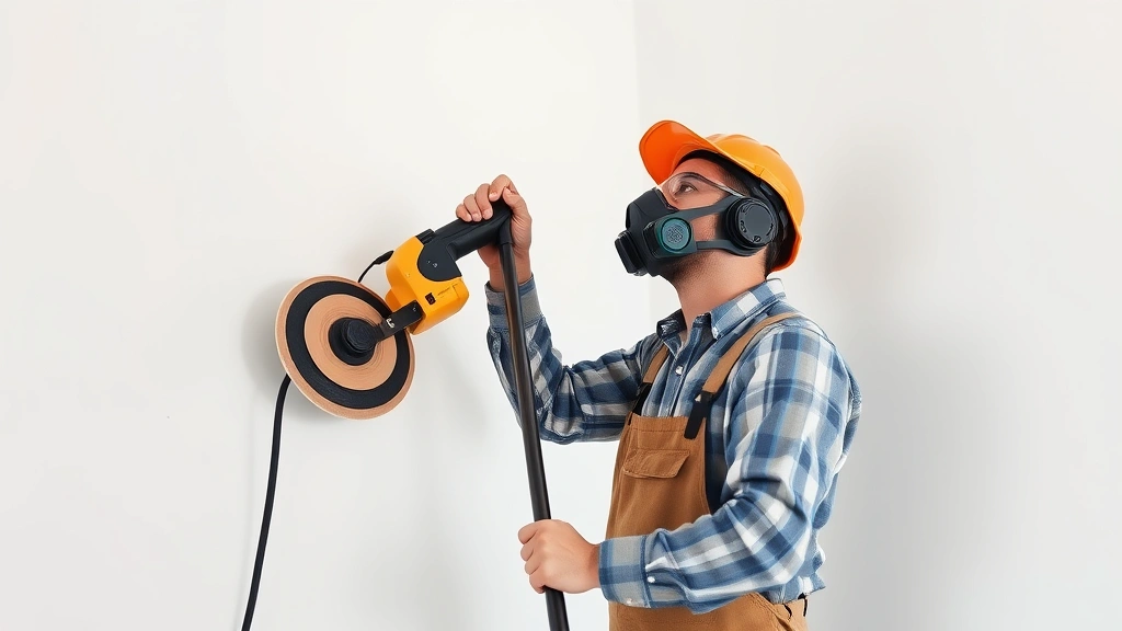 Professional contractor operating a rolling dog drywall sander on a large white wall, wearing full safety equipment including respirator and safety glasses, pole extended upward