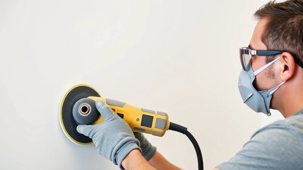 Professional drywall sander with cylindrical rotating head being held against a white wall by a person wearing safety glasses and dust mask