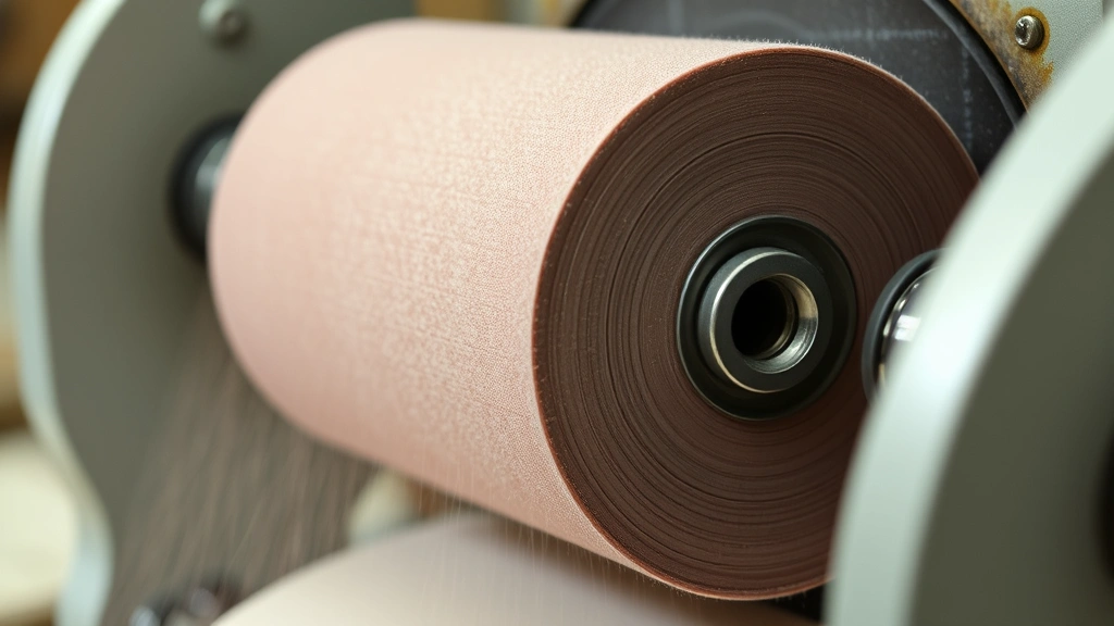 Close-up detail of rotating cylindrical sanding drum with sandpaper attached, showing the rolling motion mechanism and dust collection system in action