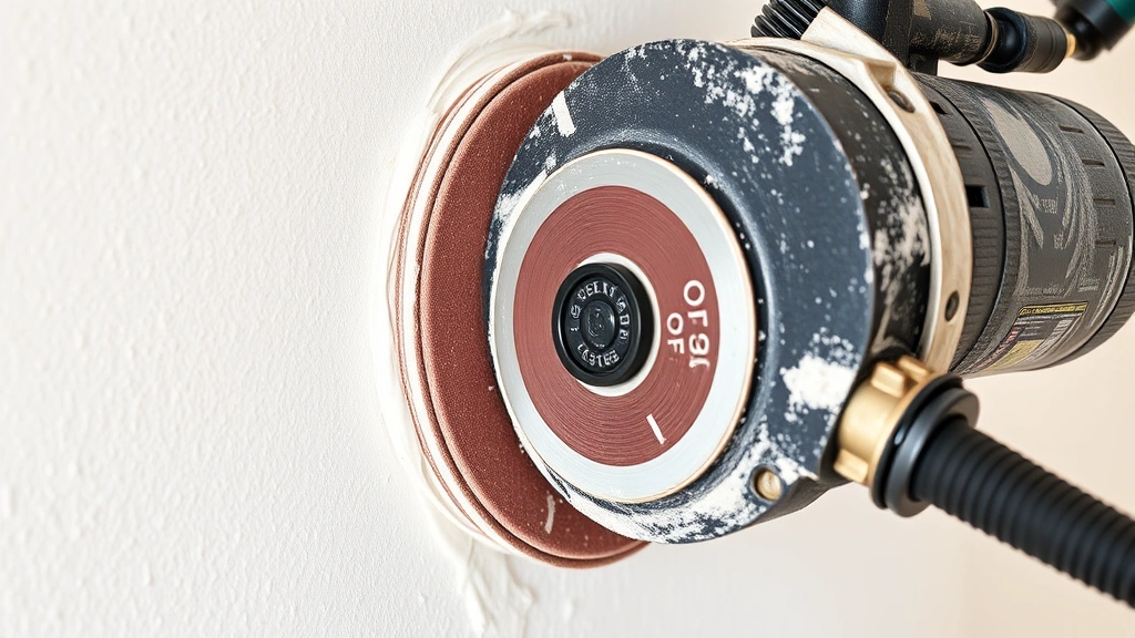 Close-up of rotating sanding drum on drywall sander making contact with joint compound on a wall surface during operation