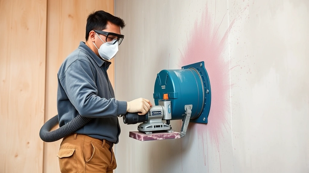 Person wearing protective equipment using rolling dog sander on large wall area with dust collection system attached to tool