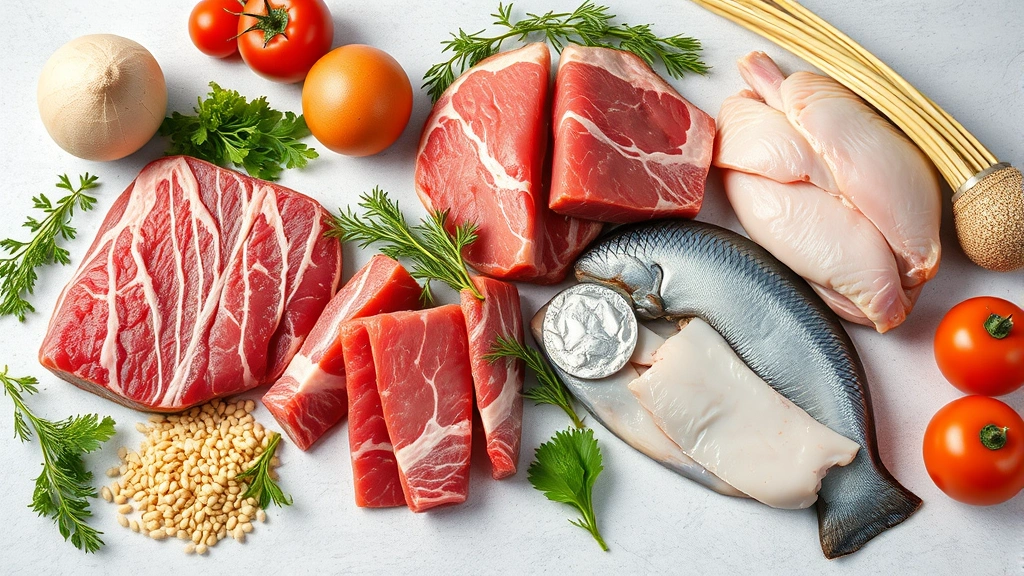 High-quality fresh meat ingredients including whole cuts of beef, chicken, and fish on a clean surface with fresh vegetables and grains, photorealistic style