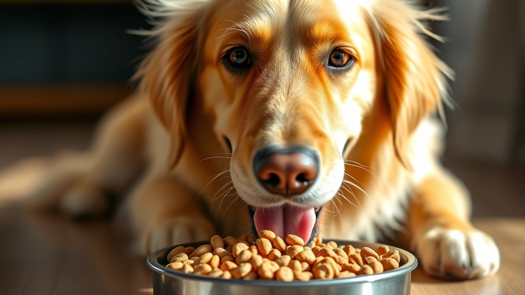 A happy, healthy golden retriever eating from a bowl of dry dog food kibble, bright natural lighting, close-up shot showing dog's satisfied expression