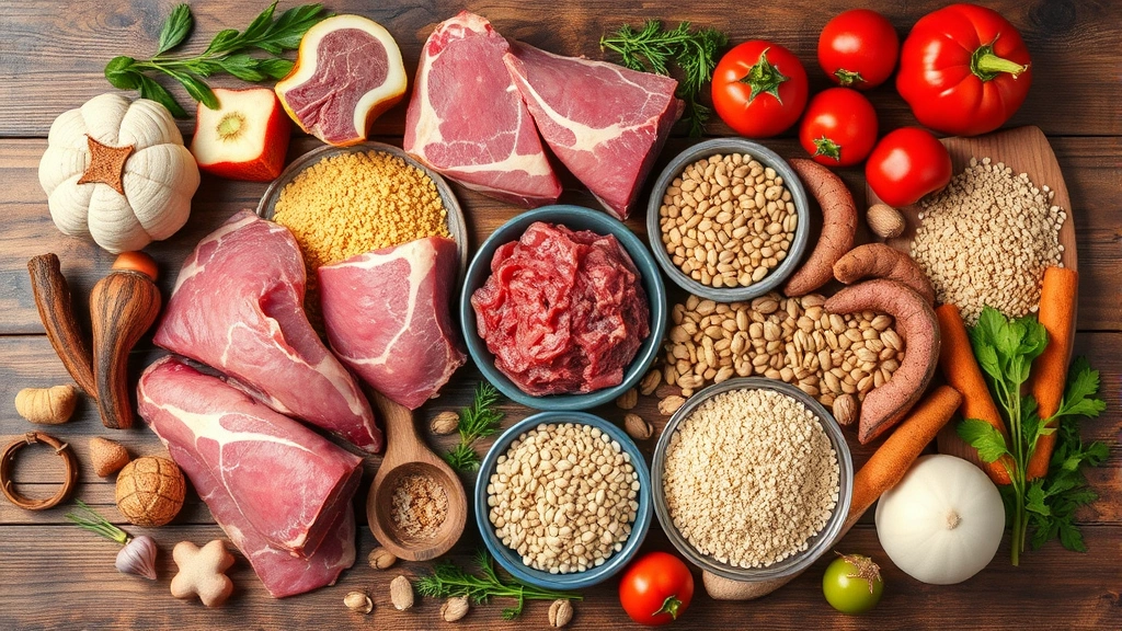 Overhead view of various premium dog food ingredients including organ meats, whole grains, and vegetables arranged artfully on a wooden surface, rustic aesthetic