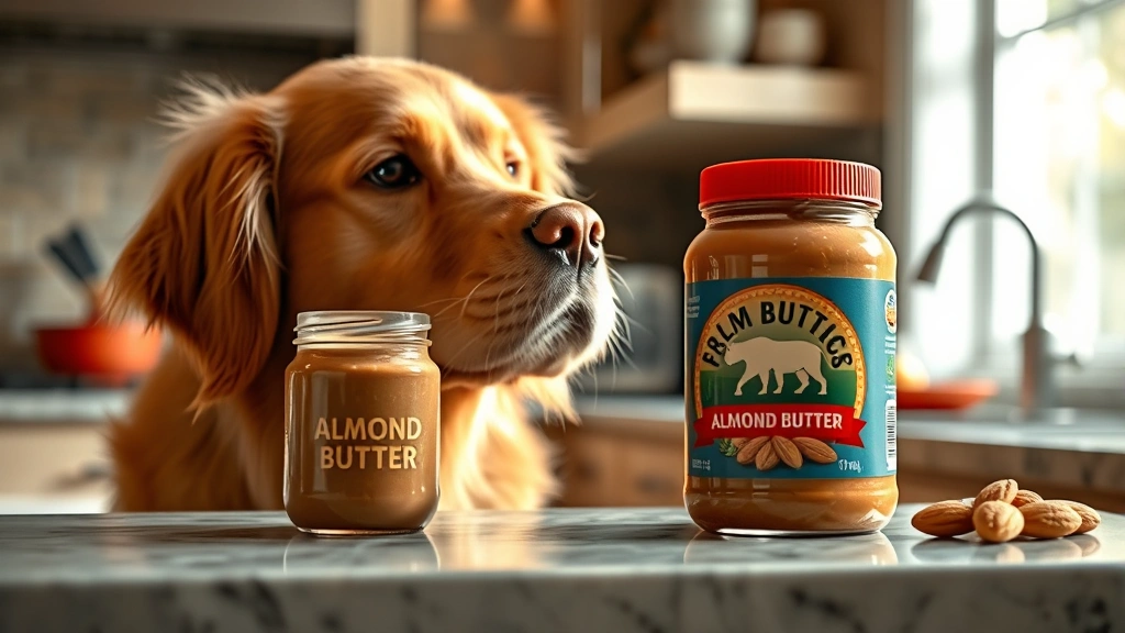 Golden Retriever looking at a jar of almond butter on a kitchen counter, curious expression, natural lighting from window