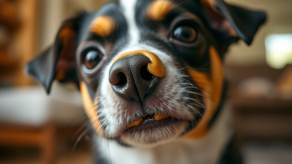 Close-up of a small dog's face with a tiny amount of almond butter on its nose, playful moment, warm indoor lighting