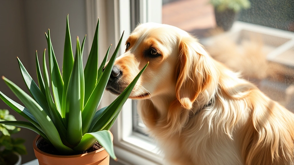 A golden retriever sniffing a potted aloe vera plant on a sunny windowsill, looking curious and playful