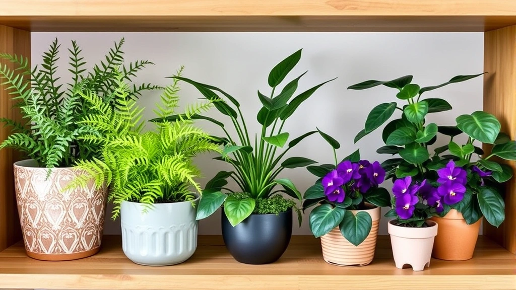 Variety of safe dog-friendly plants including boston fern, parlor palm, and african violet arranged in decorative pots on a wooden shelf