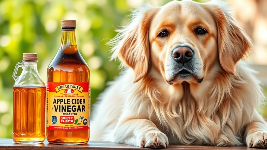 Golden retriever with shiny healthy coat sitting beside glass bottle of apple cider vinegar, natural lighting, no text no words no letters