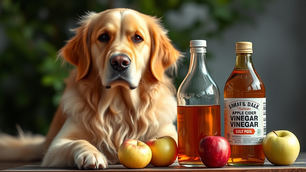 Golden retriever sitting beside glass bottle of apple cider vinegar with fresh apples, natural lighting, no text, no words, no letters