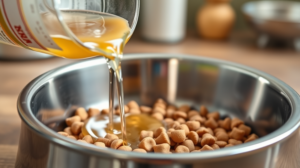 Close up of diluted apple cider vinegar being mixed in dog food bowl with kibble, kitchen setting, no text no words no letters