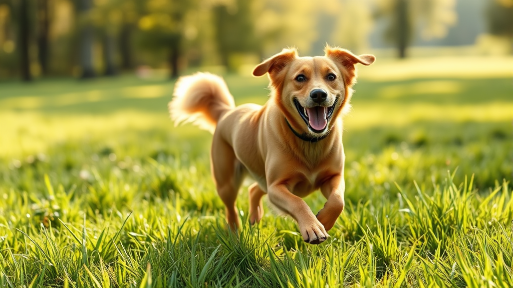 Happy healthy dog with glossy coat running in green field, sunlight filtering through trees, no text no words no letters