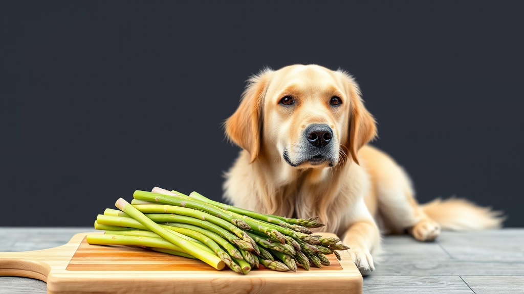 Golden retriever sitting beside fresh green asparagus spears on wooden cutting board, no text, no words, no letters