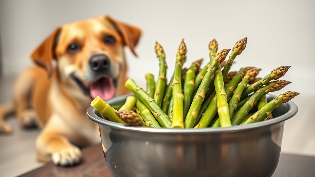 Steamed asparagus pieces in dog bowl with happy labrador in background, no text, no words, no letters