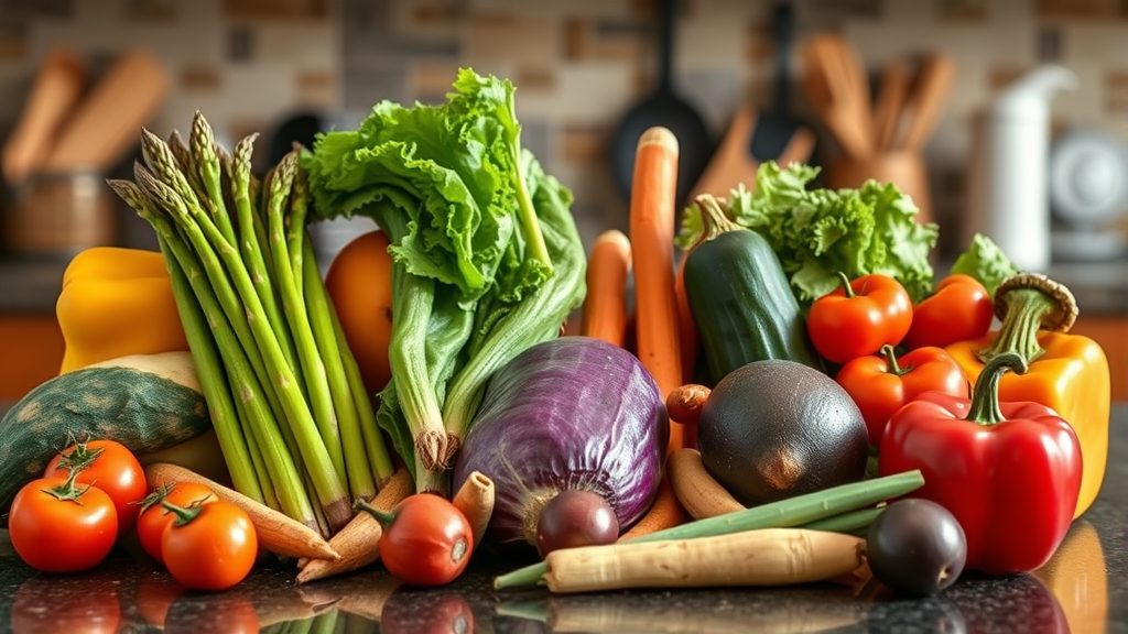 Various dog-safe vegetables including asparagus arranged colorfully on kitchen counter, no text, no words, no letters