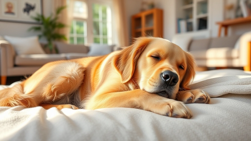 Golden retriever lying down on soft bedding, looking peaceful and relaxed in a bright living room with natural sunlight