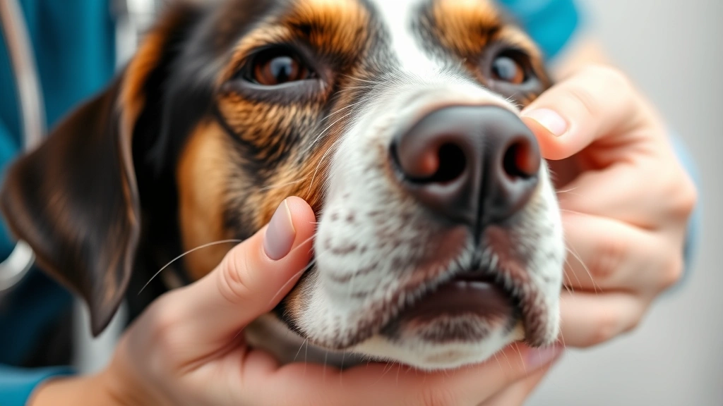 Close-up of a dog's face showing gentle, calm expression while receiving care from a veterinarian's hands during examination