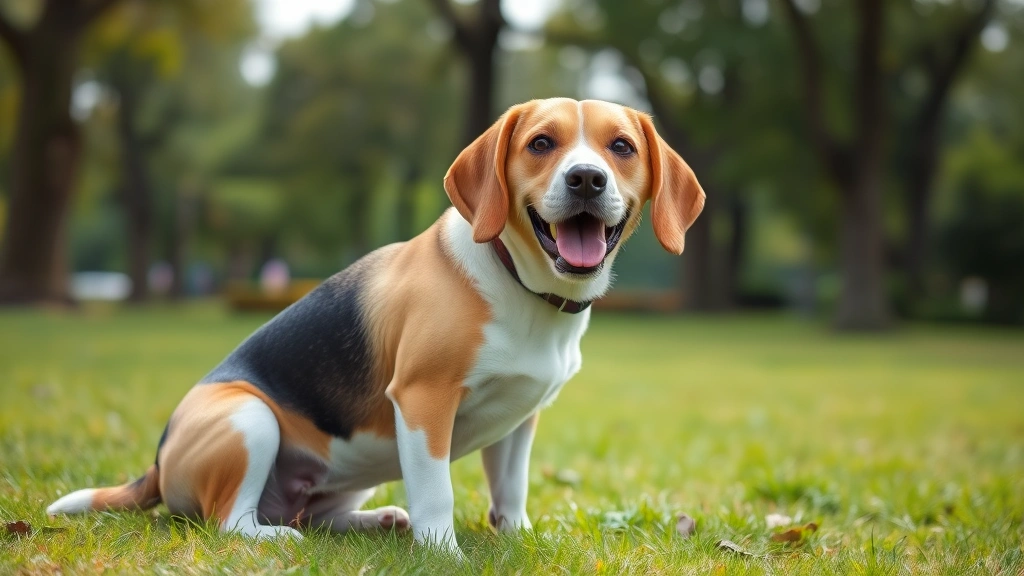Senior beagle sitting on grass in a park, looking content and comfortable during outdoor playtime with trees in background