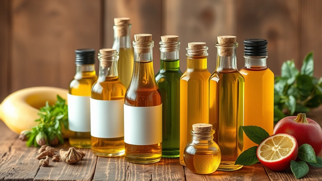 Variety of natural oils in glass bottles arranged on wooden surface with fresh ingredients nearby, warm lighting, no labels visible