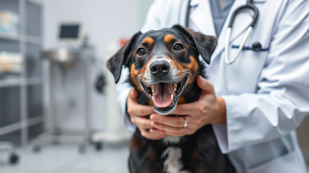 Veterinarian in white coat examining a happy dog during checkup in modern clinic, professional setting with medical equipment blurred in background