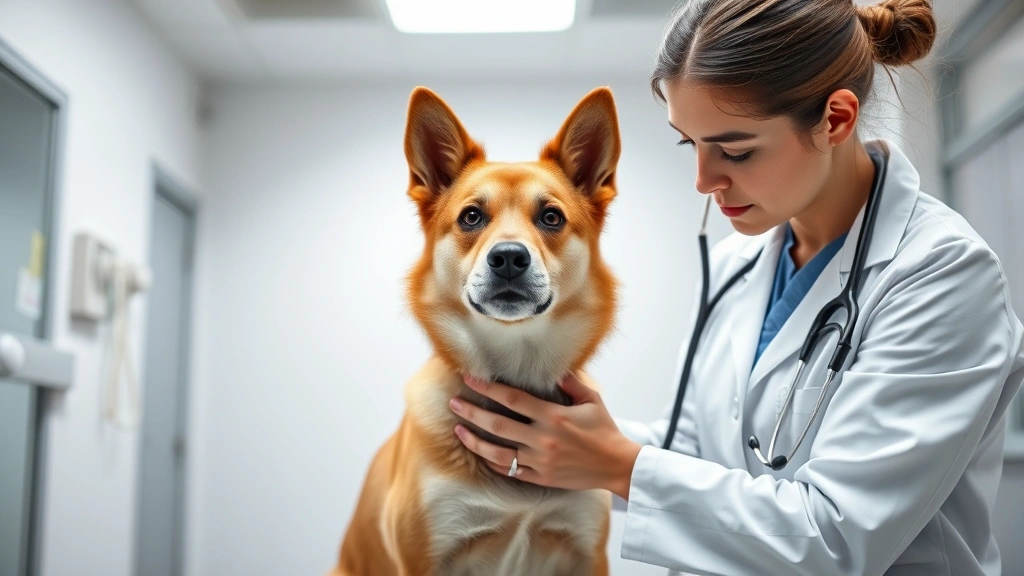 Veterinarian in white coat examining a medium-sized dog with a stethoscope in a modern, clean clinic setting with soft lighting