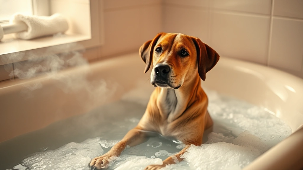 Dog sitting in a bathtub filled with warm soapy water, relaxed posture, steam visible, warm bathroom lighting