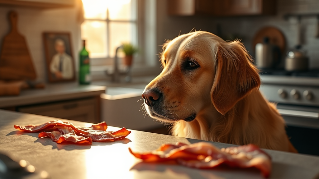Golden retriever looking longingly at bacon strips on kitchen counter, warm morning lighting, no text no words no letters