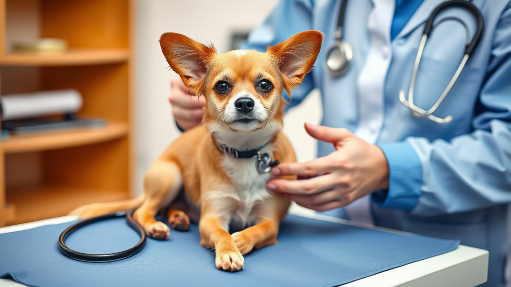 Veterinarian examining small dog on examination table with stethoscope, professional medical setting, no text no words no letters