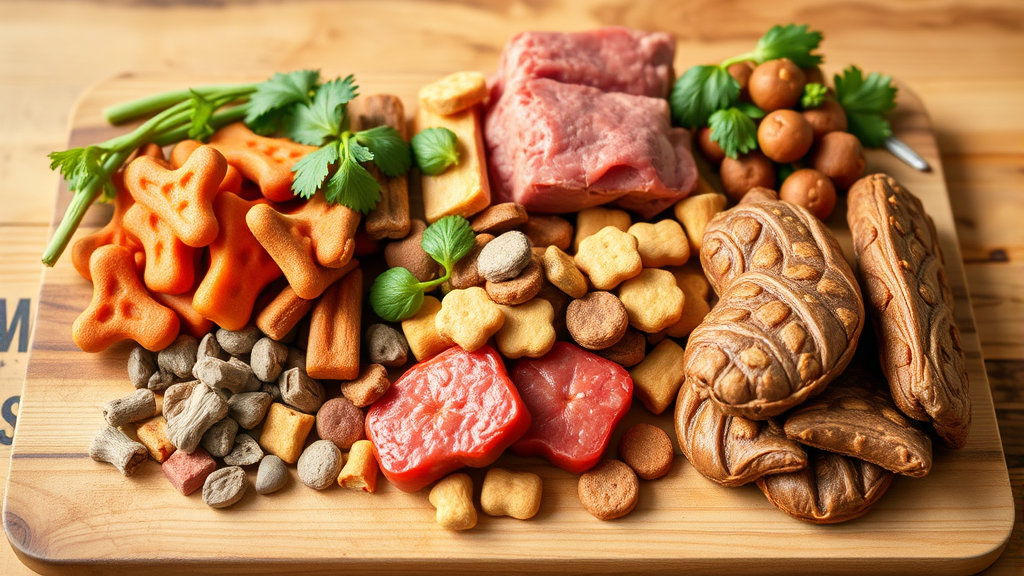 Variety of healthy dog treats and safe meat alternatives arranged on wooden cutting board, natural lighting, no text no words no letters