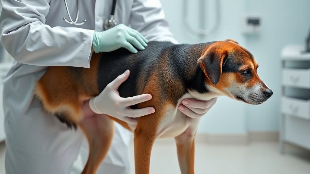 Veterinarian examining dog's abdomen for pancreatitis symptoms in clean medical office, professional setting, no text no words no letters