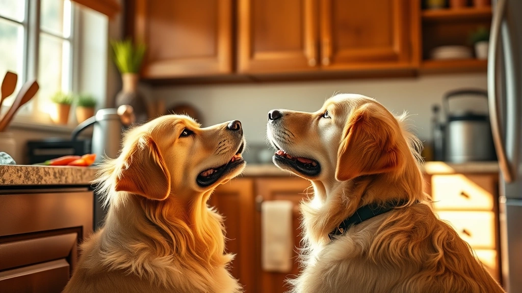 Golden retriever looking up at person cooking bacon in kitchen, morning sunlight streaming through window, warm homey kitchen setting