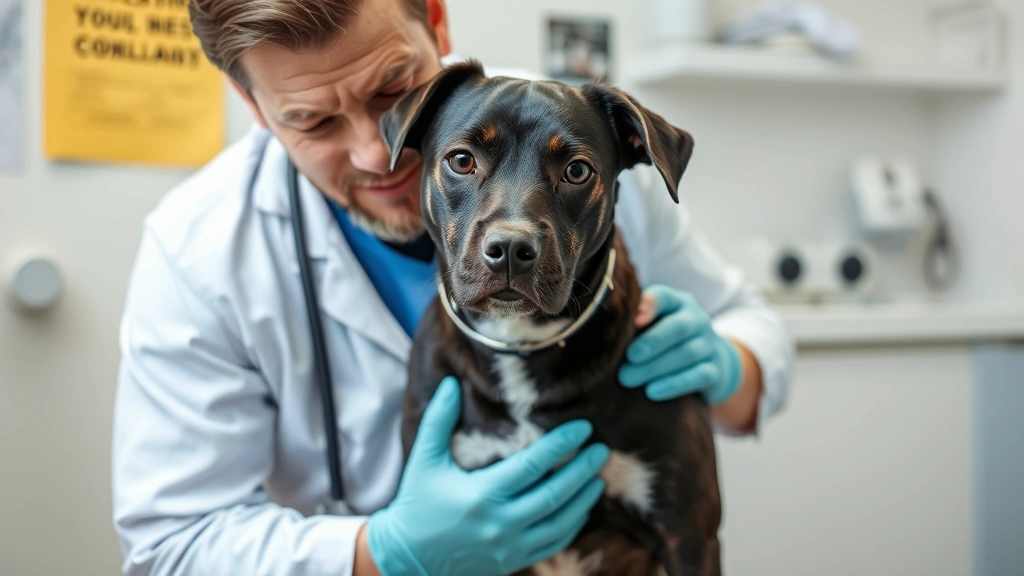 Veterinarian examining dog's abdomen during checkup, professional clinical setting, concerned yet caring expression, stethoscope visible