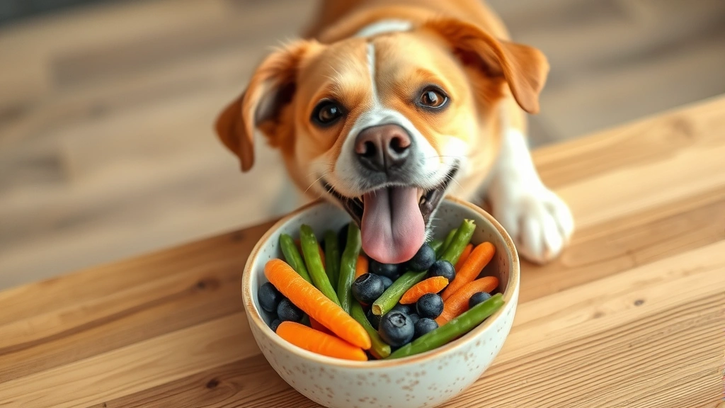 Happy dog enjoying healthy treats including carrots, green beans and blueberries in a ceramic bowl on wooden table
